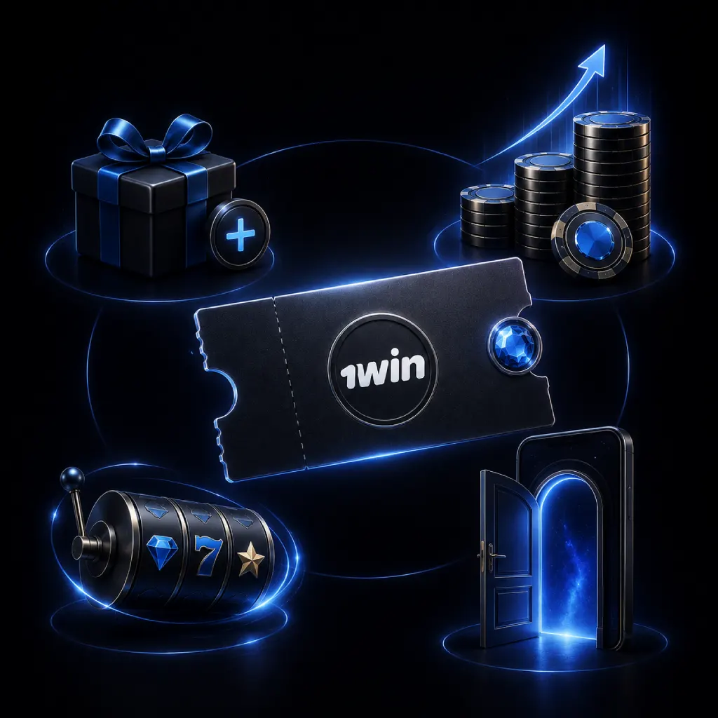 1Win promo code benefits illustrated with a bonus gift, increased balance, slot rewards and easy casino access.