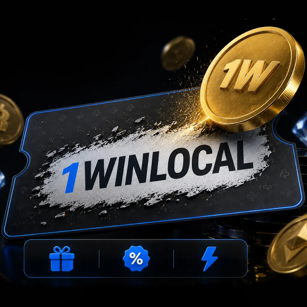 1WINLOCAL promo code revealed on a 1Win scratch card with a gold coin on a black background.