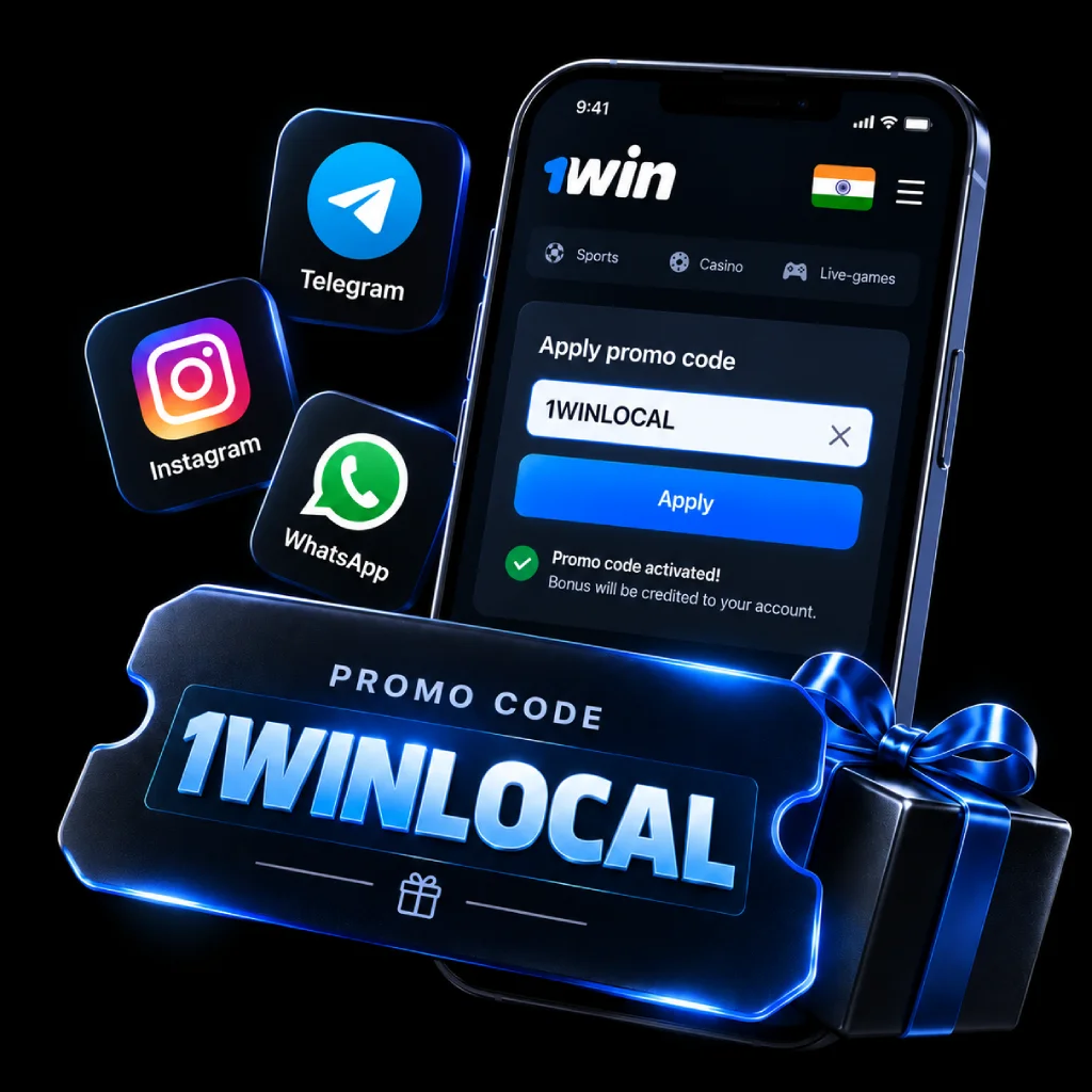 1Win India promo code banner with 1WINLOCAL, mobile activation screen and Telegram, Instagram, and WhatsApp icons on a black background.